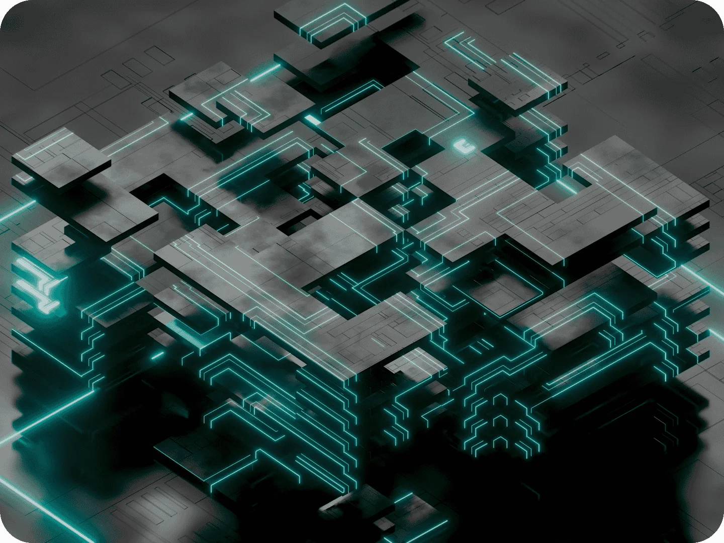 Abstract technology system with interconnected components and teal circuitry